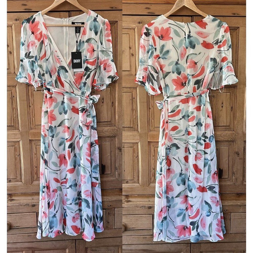 DKNY Size 2 Midi Dress White Blue Pink Floral Belted Ruffle Tie Waist Spring New